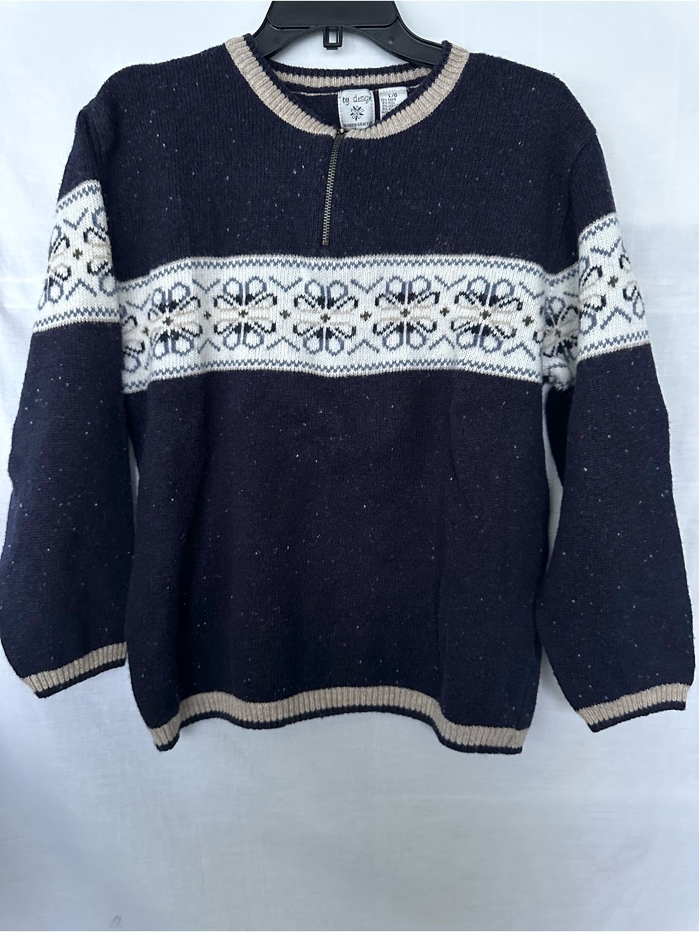 Women’s By Design Vintage Style Snowflake Knit Mock Neck 1/4 Zip Sweater Large